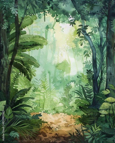 Vibrant Rainforest Scene with Watercolor Effect Generative AI