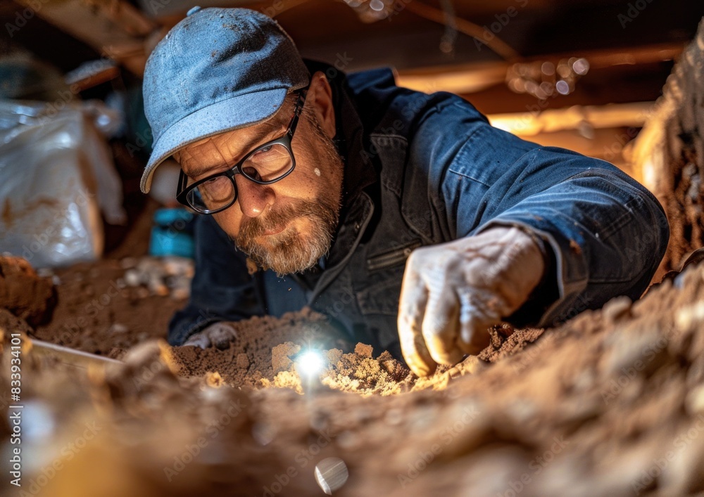 An environmental scientist examines soil samples in an underground research site An environmental scientist examines soil samples in an underground research site