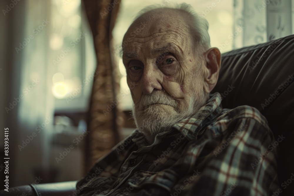 A senior gentleman sits comfortably in a chair, wearing a plaid shirt A senior gentleman sits comfortably in a chair, wearing a plaid shirt