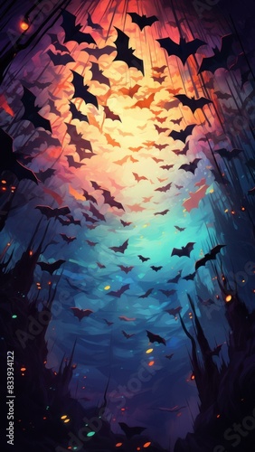 Spooky Night Sky with Flying Bats Generative AI