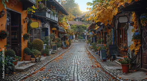 Fototapeta Naklejka Na Ścianę i Meble -  A quaint and charming village, with cobblestone streets and cozy cafes, inviting visitors to experience the charm and warmth of a small-town tourist attraction. Generative AI.