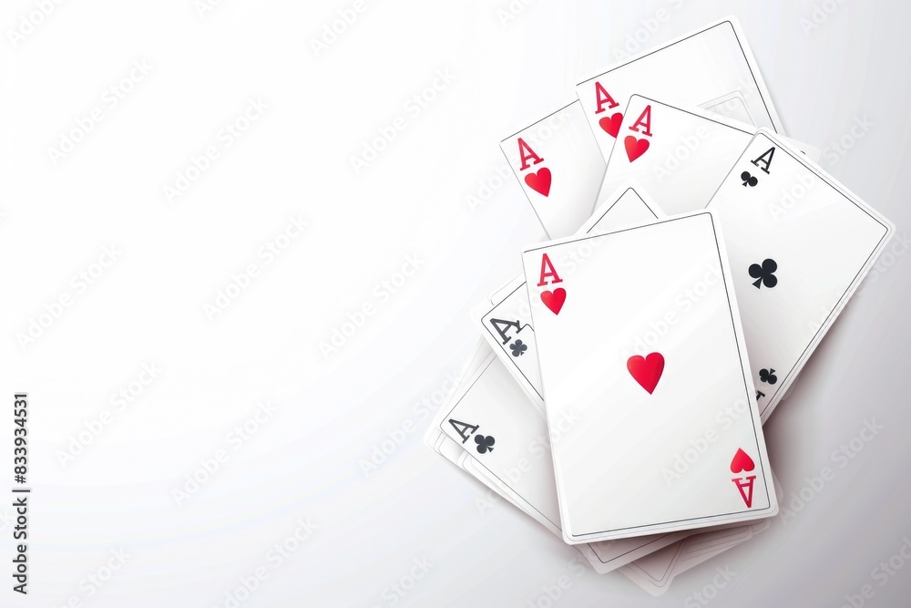 A close-up shot of four playing cards on a table, with a poker game in progress A close-up shot of four playing cards on a table, with a poker game in progress