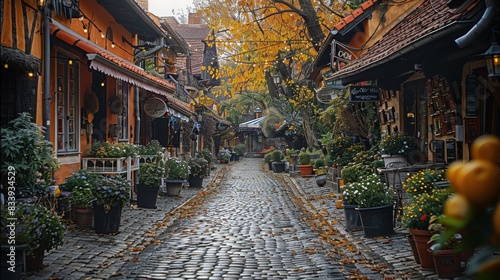 Fototapeta Naklejka Na Ścianę i Meble -  A quaint and charming village, with cobblestone streets and cozy cafes, inviting visitors to experience the charm and warmth of a small-town tourist attraction. Generative AI.