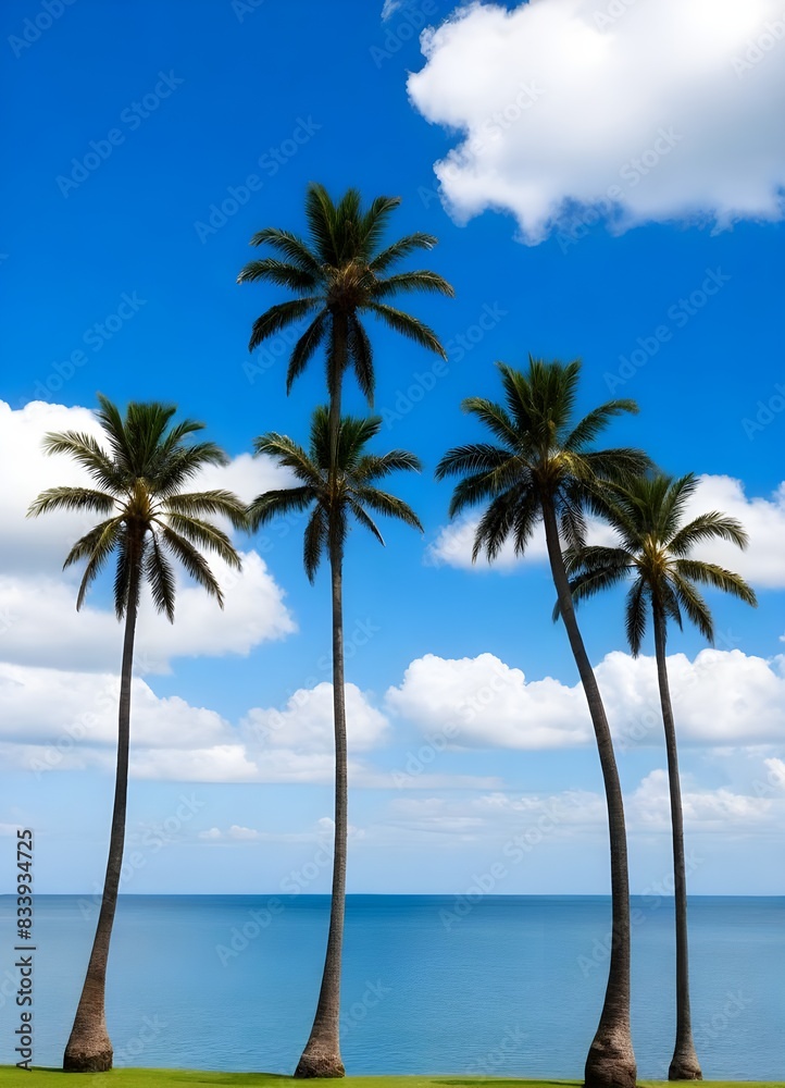 Fototapeta premium a beach with palm trees and a blue sky with clouds