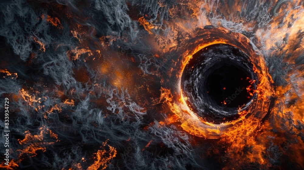 A massive black hole surrounded by a swirling cloud of fire, with intense heat and light radiating from the vortex A massive black hole surrounded by a swirling cloud of fire, with intense heat and light radiating from the vortex