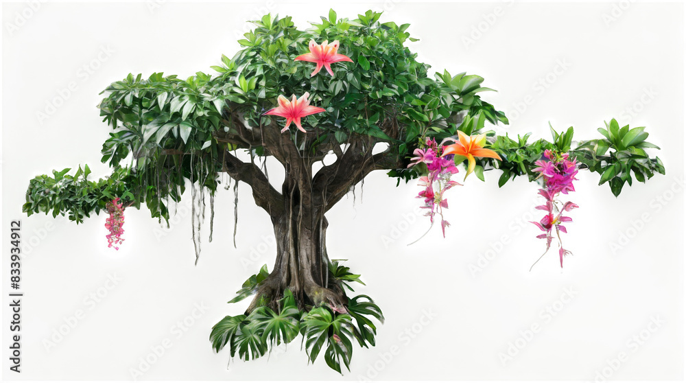 Naklejka premium A lush jungle scene featuring a large ancient tree