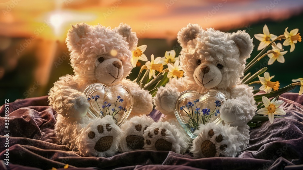 Two white teddy bears on a velvet blanket, each paw holding a glass heart brimming with bluebells and daffodils, with a softly blurred sunset in the background. Two white teddy bears on a velvet blanket, each paw holding a glass heart brimming with bluebells and daffodils, with a softly blurred sunset in the background.