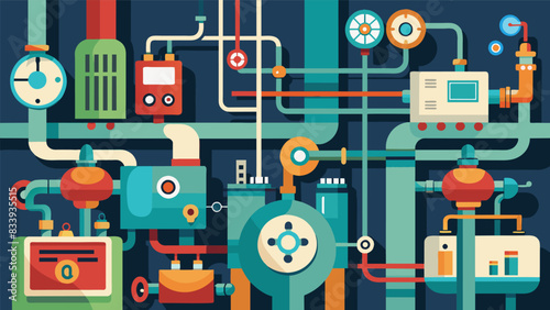 The intricate network of pipes valves and control panels within a pumping station operating round the clock.. Vector illustration