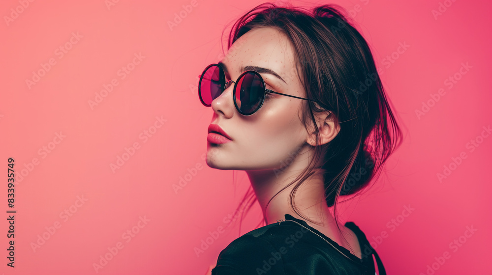 Close-up shot of a woman in stylish sunglasses on a pink background Close-up shot of a woman in stylish sunglasses on a pink background