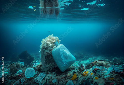 Garbage; rubbish at the bottom of the blue sea; which pollutes nature. photo