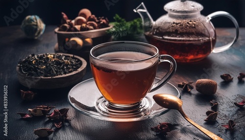 cup of tea on dark table