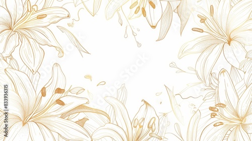 Lilies floral, luxury botanical on white background vector, empty space in the middle to leave room for text or logo, gold line wallpaper, leaves, flower, foliage, hand drawn © Cloudspit