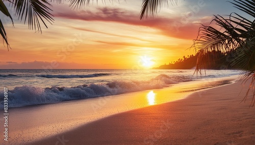 beautiful sunset beach landscape exotic tropical island nature blue sea water ocean waves colorful red yellow sky palm tree leaves silhouette golden sun glow reflection summer holidays vacation