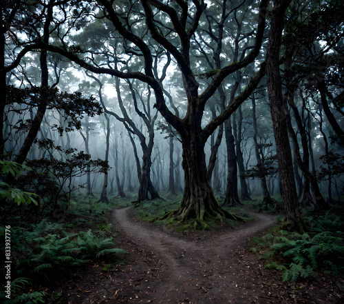 Mroczny las z rozwidleniem ścieżki w porannej mgle