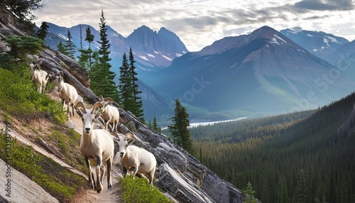 mountin sheep rams travel along very thin rocky cliffs in the canadian rockies blending in to their environment photo