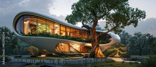 Futuristic eco-friendly home with sleek design, built around massive sycamore tree. Smart energy management, solar panels, vertical gardens for growing.