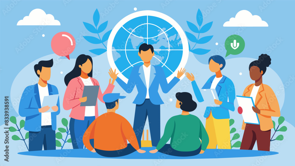 A group of young leaders participating in a mock United Nations summit using their skills in diplomacy and negotiation to find common ground and. Vector illustration A group of young leaders participating in a mock United Nations summit using their skills in diplomacy and negotiation to find common ground and. Vector illustration