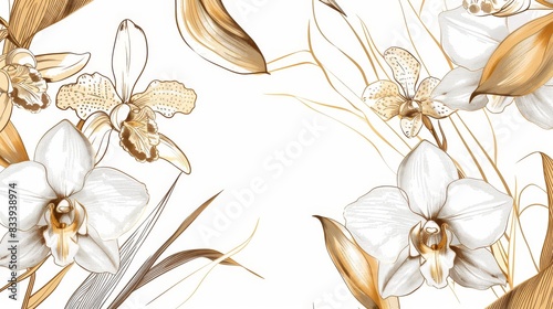 Orchids floral, luxury botanical on white background vector, empty space in the middle to leave room for text or logo, gold line wallpaper, leaves, flower, foliage, hand drawn 