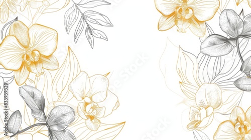 Orchids floral  luxury botanical on white background vector  empty space in the middle to leave room for text or logo  gold line wallpaper  leaves  flower  foliage  hand drawn 