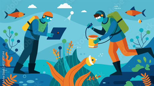 As they work the divers also collect valuable data on the health and growth of the reef allowing for better protection and management in the future.. Vector illustration