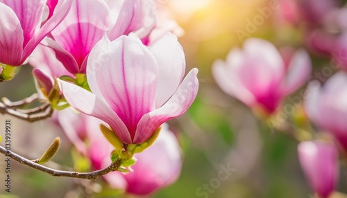 flowering magnolia blossom on sunny spring background close up of beautiful springtime flora floral easter background concept with copy space