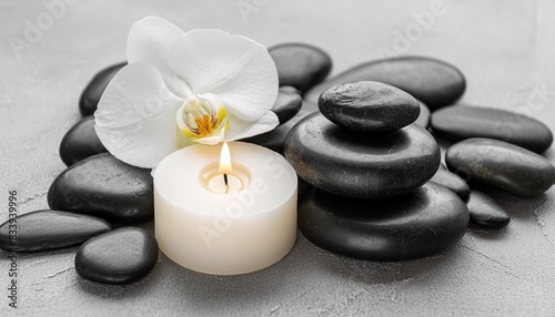 spa background with white orchid candle and zen black stones on gray