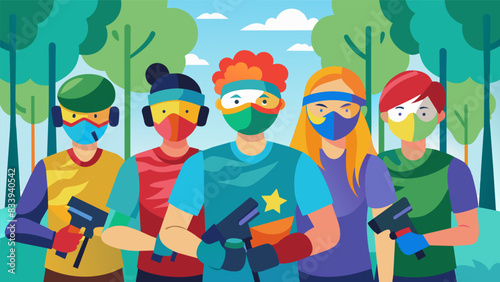 With colorful face paint and bandanas teams of teens prepare for a friendly battle of paintball in the woods a thrilling and messy addition to the. Vector illustration