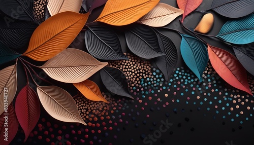 a colorful abstract painting with leaves and dots on it s surface with a black background and a black border around the edges of the image and a black border at the bottom generative ai