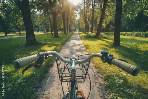 sunlit path in a park, viewed from behind the handlebars of a bicycle