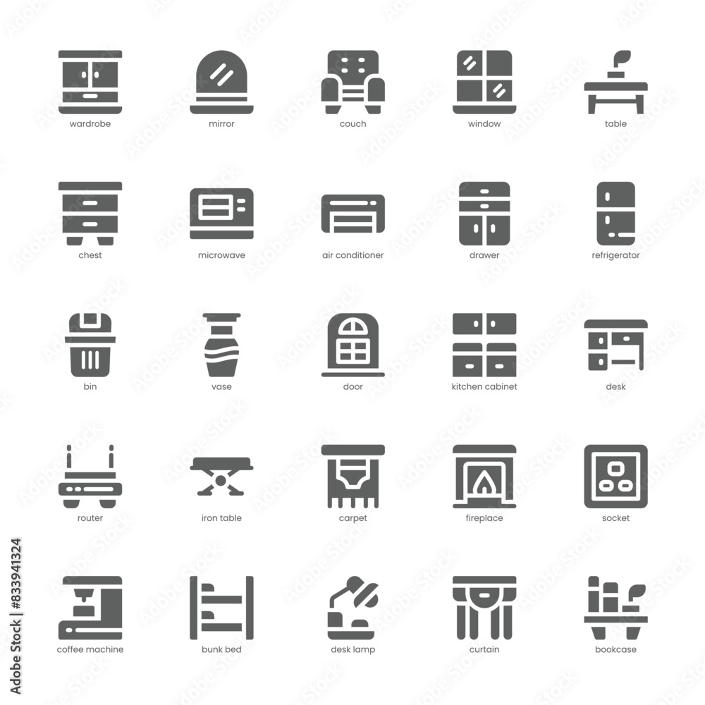 Home Furniture icon pack for your website, mobile, presentation, and logo design. Home Furniture icon glyph design. Vector graphics illustration and editable stroke.