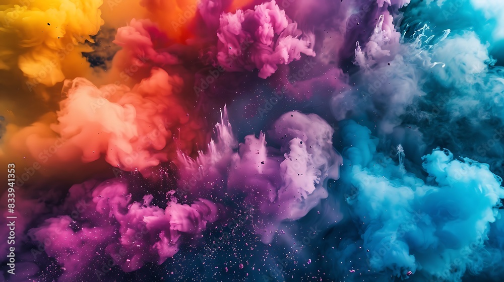 A vibrant explosion of colorful smoke plumes merging and swirling in mid-air, creating a dynamic and visually stunning display.

