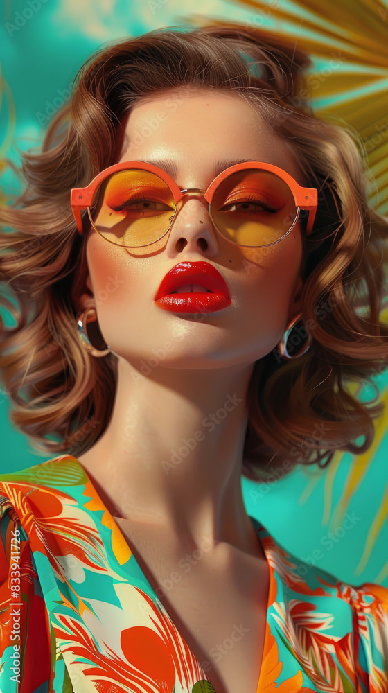 Fototapeta premium Retro style pastel colors summer background. Fashion woman wearing big sunglasses.