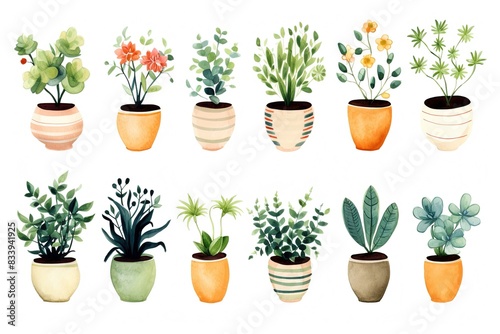 watercolor illustration with grungy texture, spring flower pot blossom, collection set isolated on white background, idea for junk journal or scrapbook design,