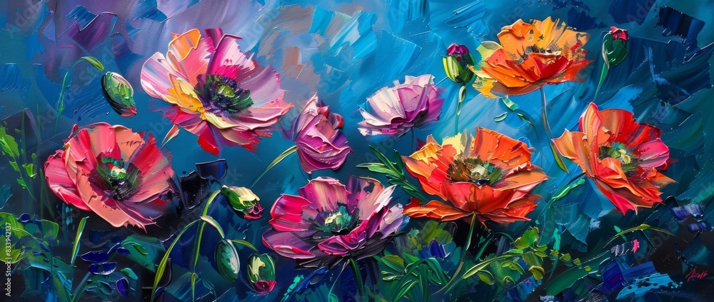 abstract painting of colorful poppy flowers on a dark blue background abstract painting of colorful poppy flowers on a dark blue background