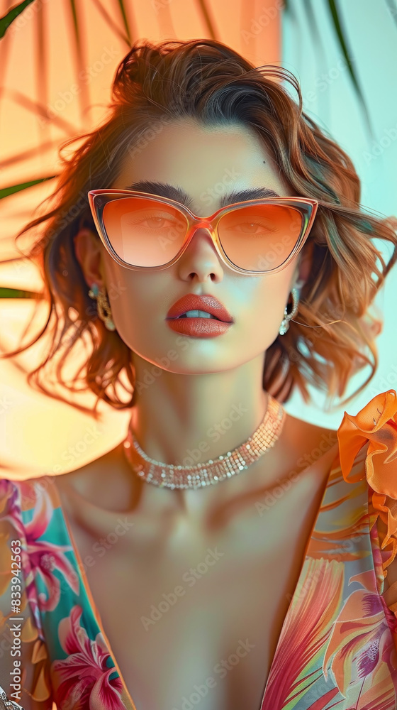 Obraz premium Retro style pastel colors summer background. Fashion woman wearing big sunglasses.