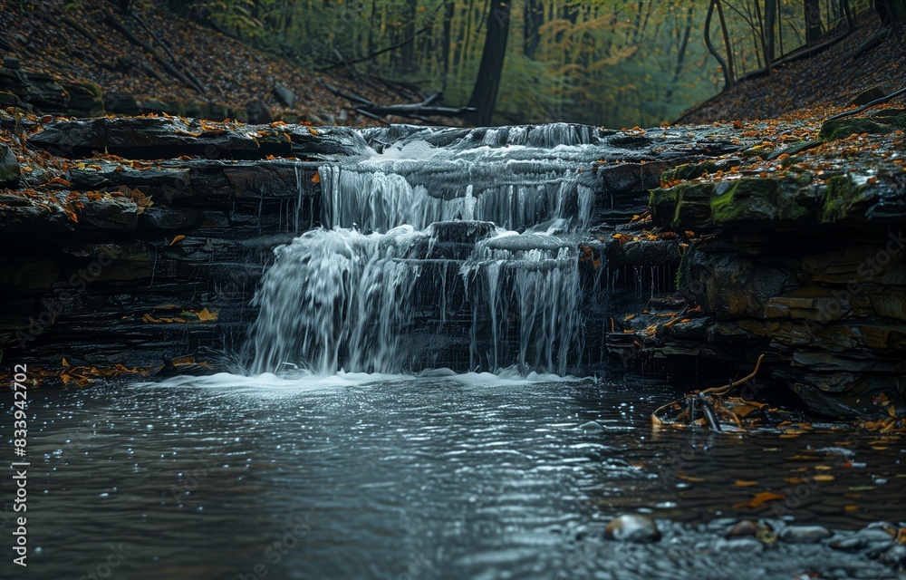 Fototapeta premium Waterfall cascading through lush forest in serene national park, surrounded by vibrant wildlife and scenic trails