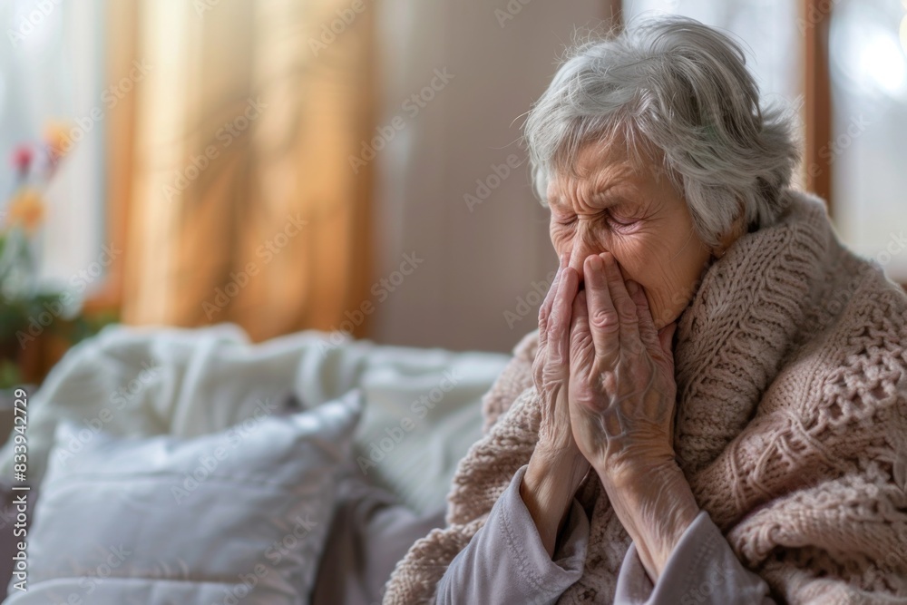 Elderly woman sitting on couch with hands clasped to her face, elderly woman is sick
Elderly woman sitting on couch with hands clasped to her face, elderly woman is sick