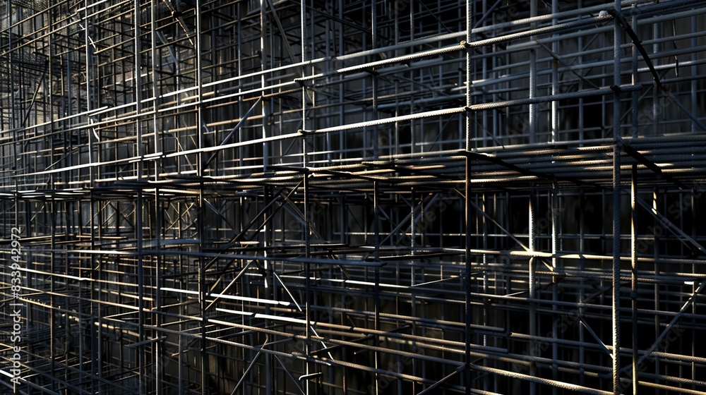 Empty construction site scaffolding, detailed metal grids close-up, no people, late afternoon sun, skeletal structure. Empty construction site scaffolding, detailed metal grids close-up, no people, late afternoon sun, skeletal structure.