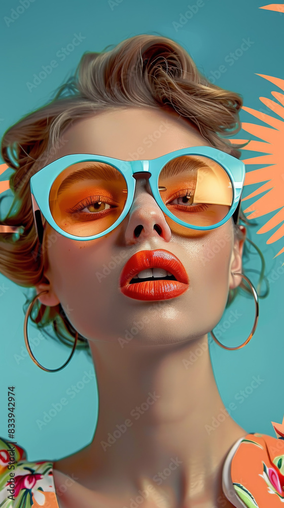 Retro style pastel colors summer background. Fashion woman wearing big sunglasses. Retro style pastel colors summer background. Fashion woman wearing big sunglasses.