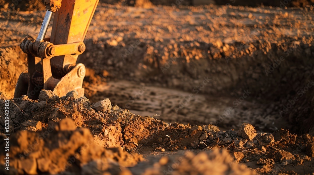 Fototapeta premium Detailed close-up of a construction site's excavated earth, no footprints, dusk light, quiet, groundwork.