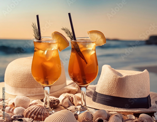 Two glasses of cocktail on the beach accompanied by woman and man hats and seashells, embodying the travel concept of a summer honey moon photo
