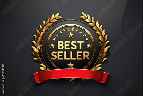 Best Seller black and gold luxury round original products metallic realistic 3d badges and red premium ribbon. photo