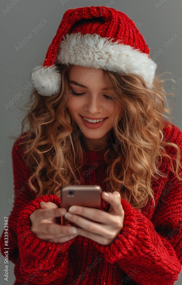 Happy woman in Christmas outfit, excitedly looking at her phone, wearing a red sweater and Santa hat Happy woman in Christmas outfit, excitedly looking at her phone, wearing a red sweater and Santa hat
