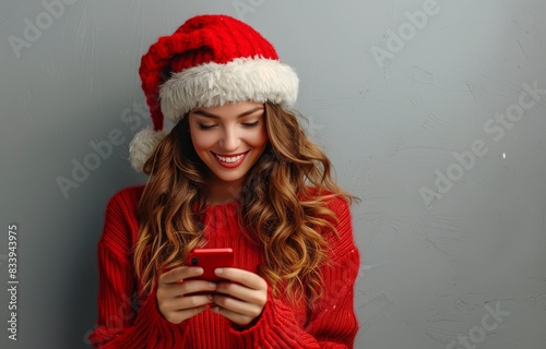 Happy woman in Christmas outfit, excitedly looking at her phone, wearing a red sweater and Santa hat photo