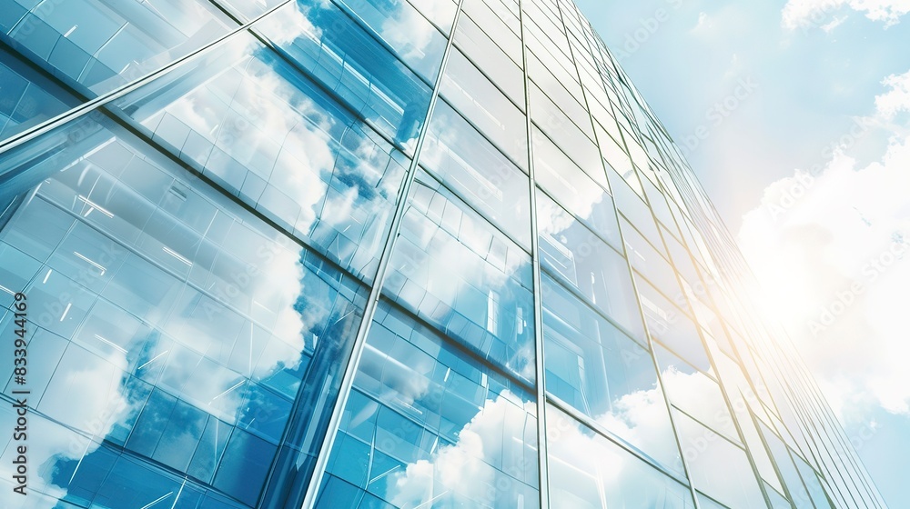 Detailed view of a smart glass window on a modern skyscraper, reflecting clouds, clear sky. 