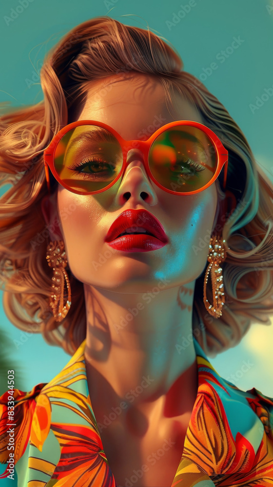 Fototapeta premium Retro style pastel colors summer background. Fashion woman wearing big sunglasses.