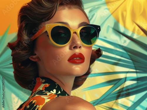 Retro style pastel colors summer background. Fashion woman wearing big sunglasses.