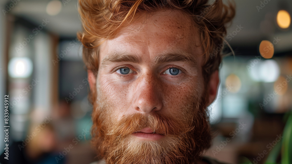 Man with a beard and blue eyes is standing in front of a wall. He has a ...