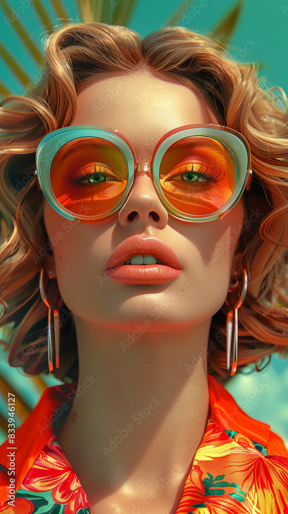 Obraz premium Retro style pastel colors summer background. Fashion woman wearing big sunglasses.