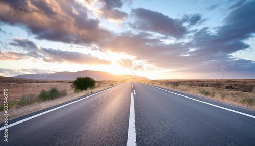 road to nowhere empty straight asphalt motorway in flat landscape disappearing into the horizon sunset and illuminated clouds concept of new beginning brighter future ai generative photography